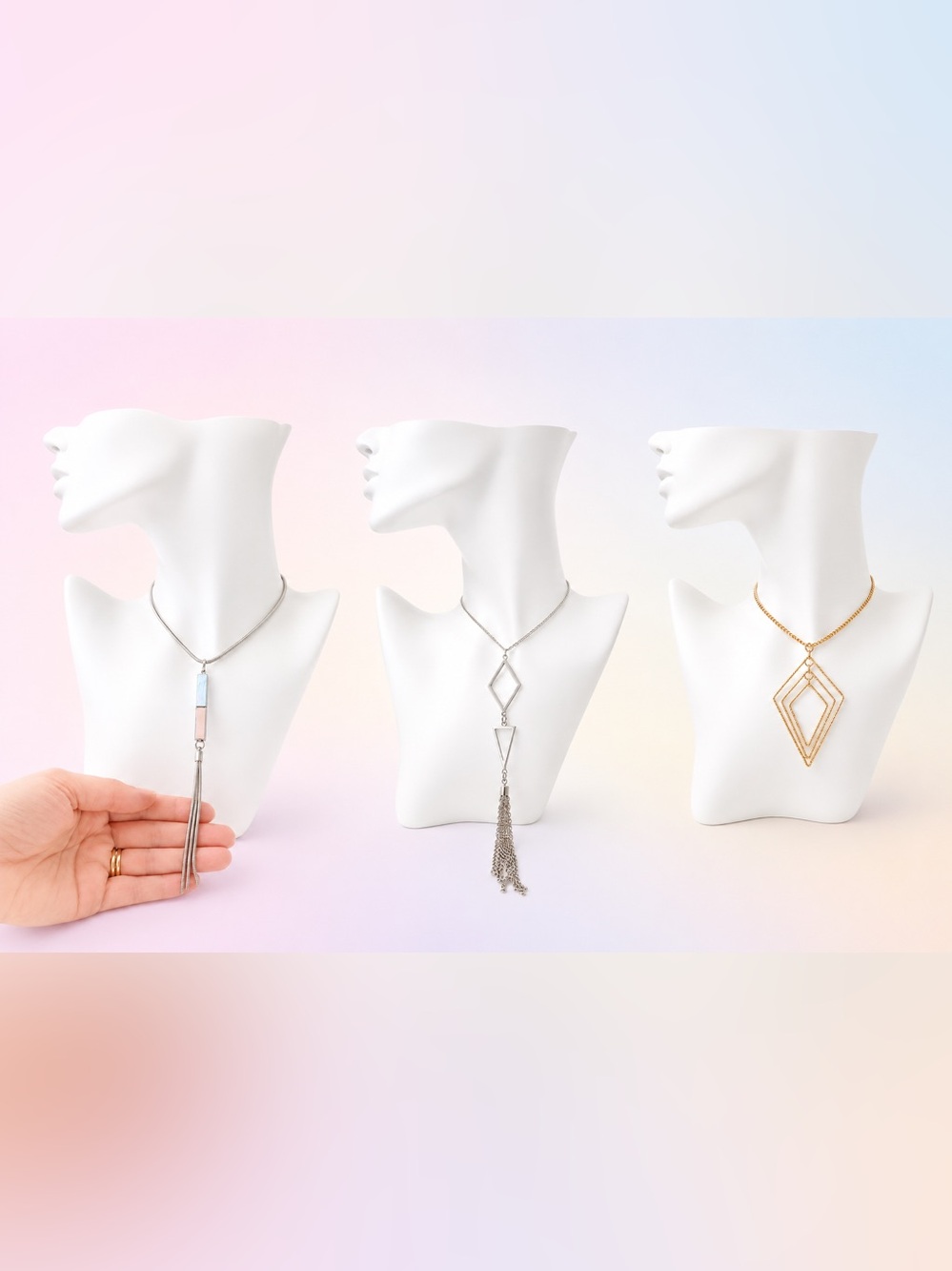 Geometric Silver Tassel Pendant Necklaces Modern Statement Jewelry 3 Piece Set